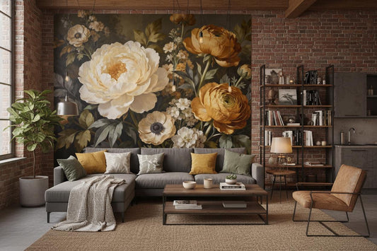 Moody Floral Dark Botanical Floral Wallpaper – room setting, Golden Era Walls