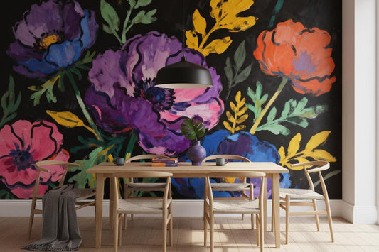 Painterly Dark Floral Colorful Floral Wallpaper – lifestyle view, Golden Era Walls