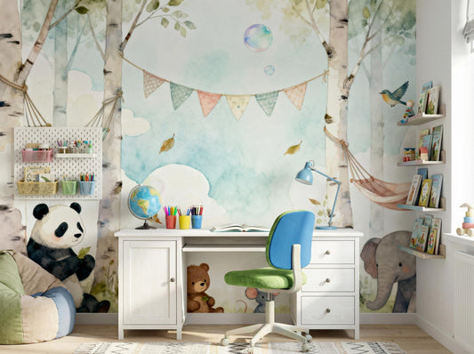 Forest Animals Whimsical Woodland Wallpaper – detail view, Golden Era Walls