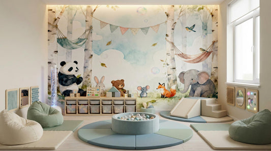 Forest Animals Whimsical Woodland Wallpaper – room setting, Golden Era Walls