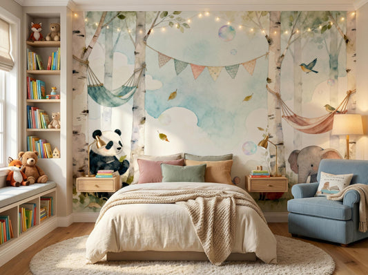 Forest Animals Whimsical Woodland Wallpaper – lifestyle view, Golden Era Walls