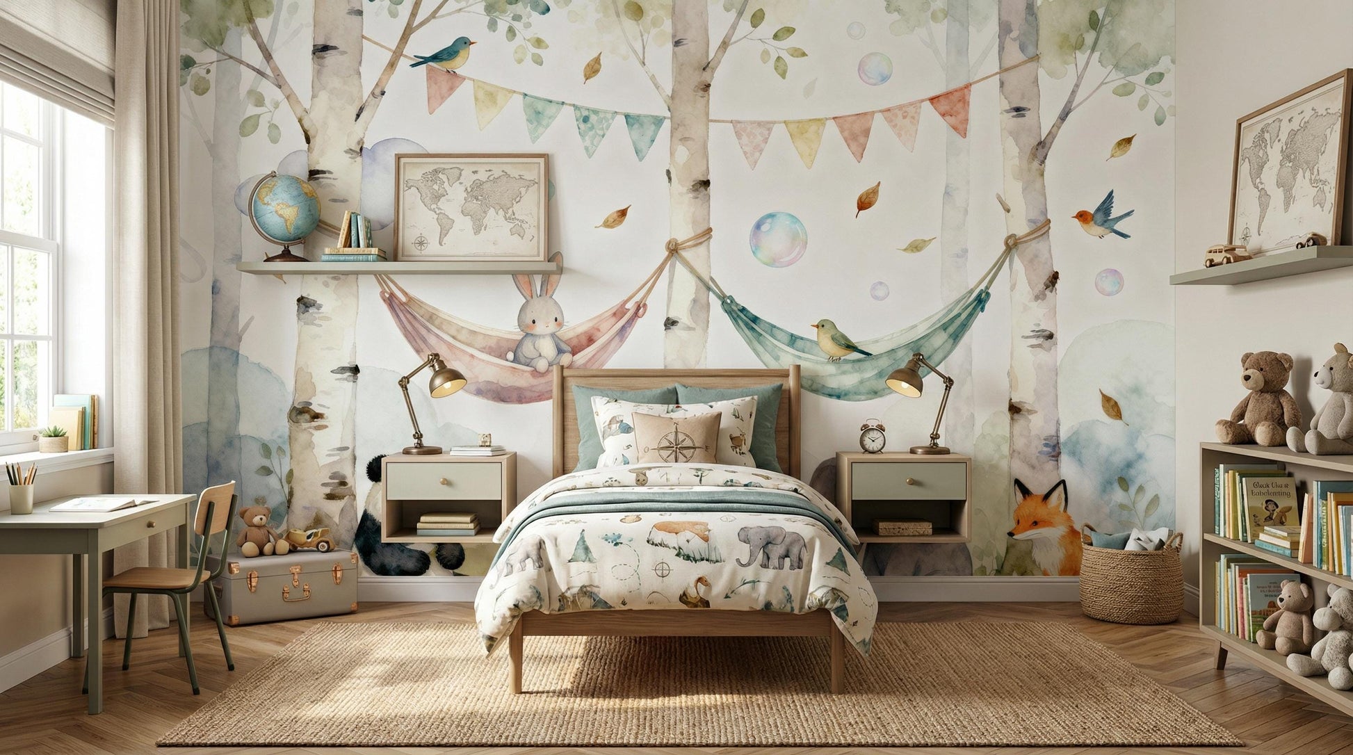 Watercolor Woodland Animal Whimsical Wallpaper – alternate view, Golden Era Walls