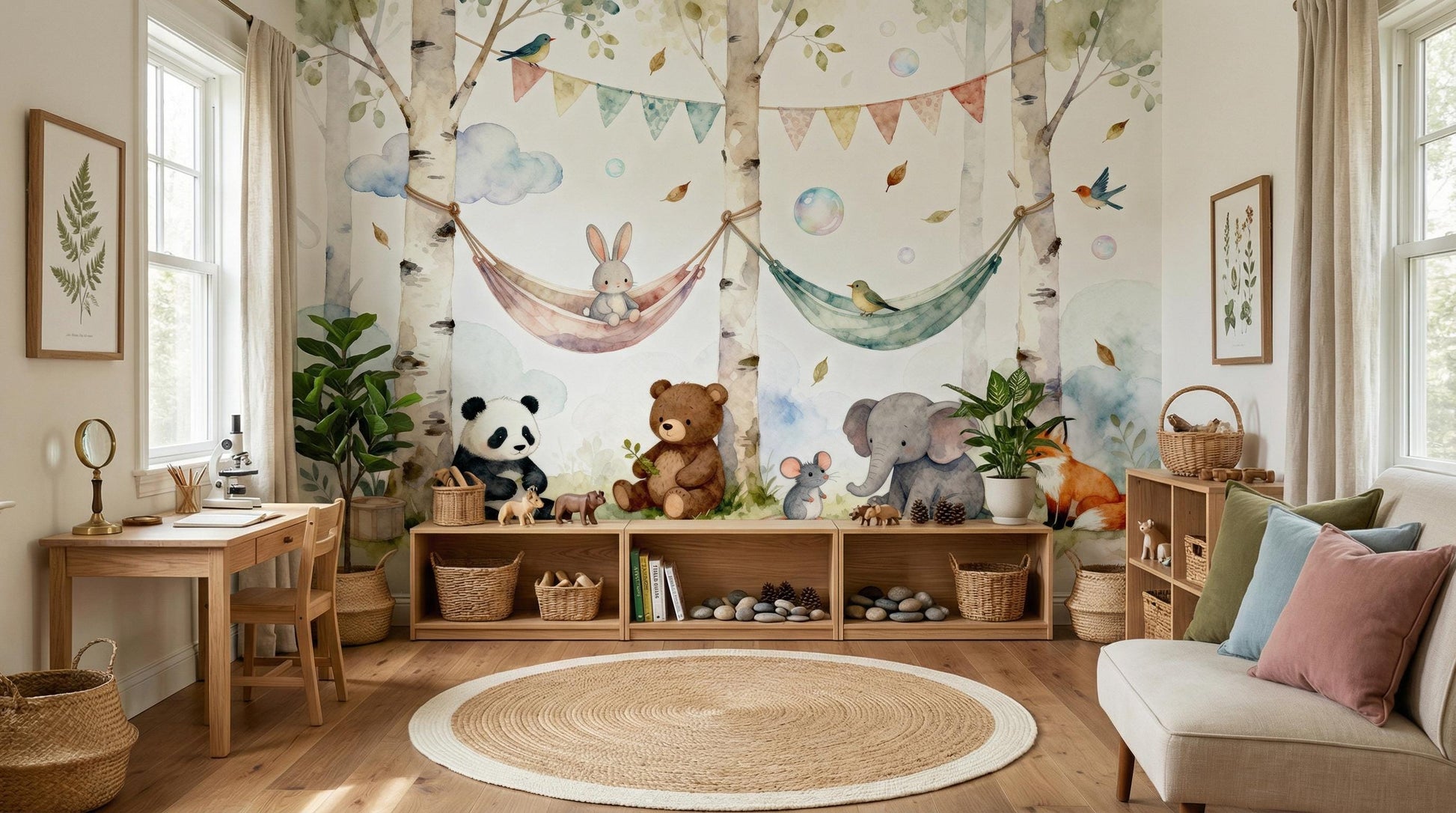 Watercolor Woodland Animal Whimsical Wallpaper – detail view, Golden Era Walls