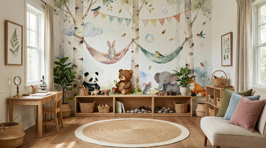 Watercolor Woodland Animal Whimsical Wallpaper – detail view, Golden Era Walls