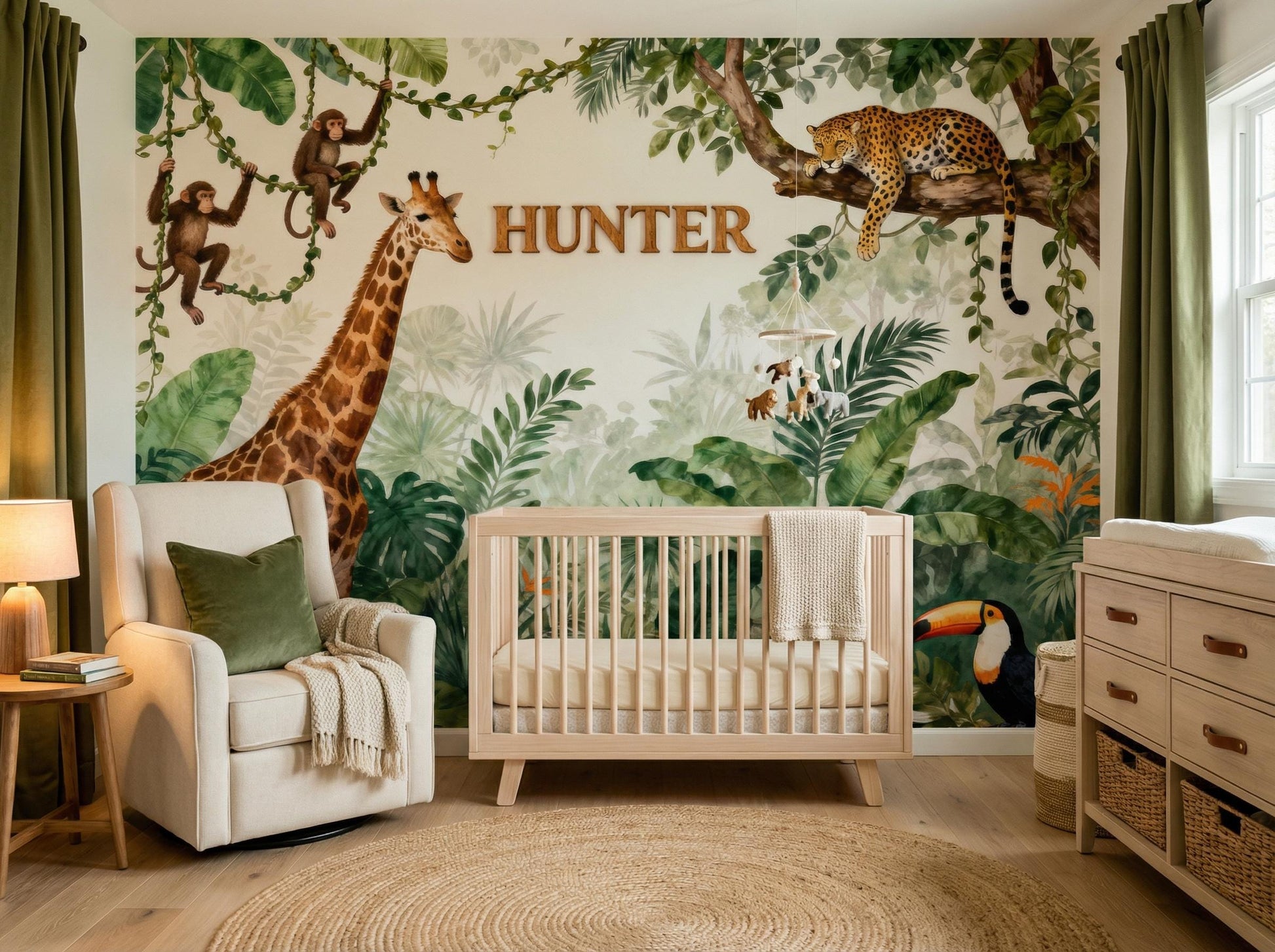 Watercolor Safari Animals Jungle Tropical Wallpaper – scale reference, Golden Era Walls