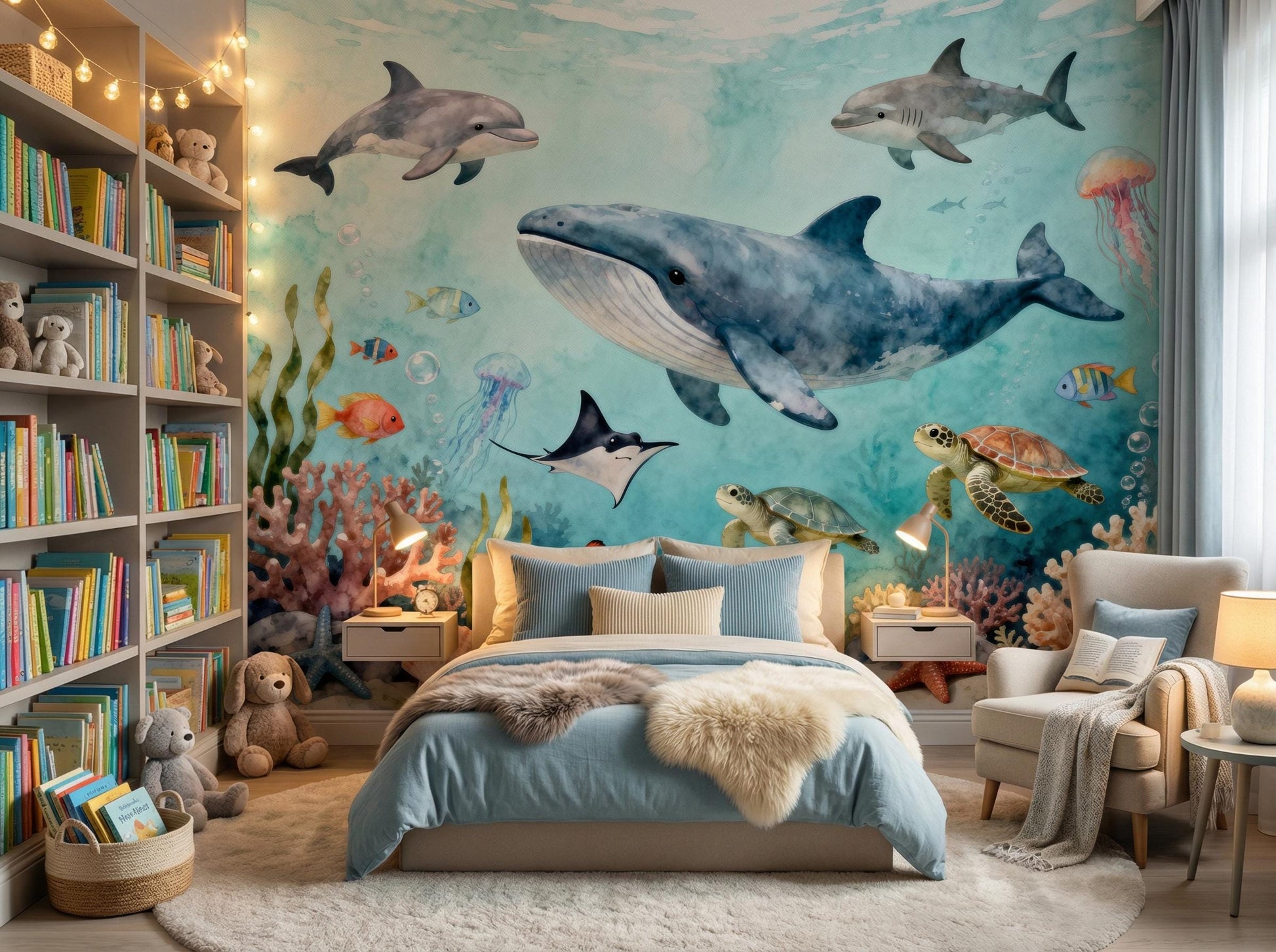 Watercolor Ocean Under Sea Coastal Wallpaper – alternate view, Golden Era Walls