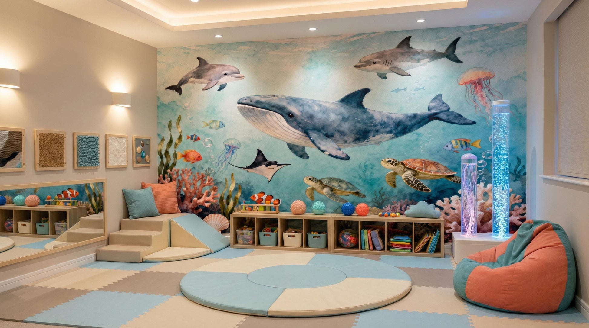 Watercolor Ocean Under Sea Coastal Wallpaper – scale reference, Golden Era Walls