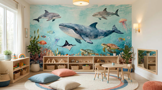 Watercolor Ocean Under Sea Coastal Wallpaper – room setting, Golden Era Walls