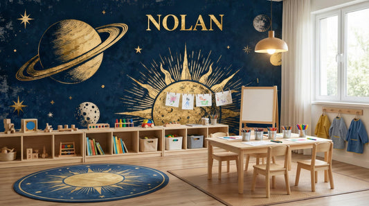 Personalized Vintage Space Navy Wallpaper – lifestyle view, Golden Era Walls