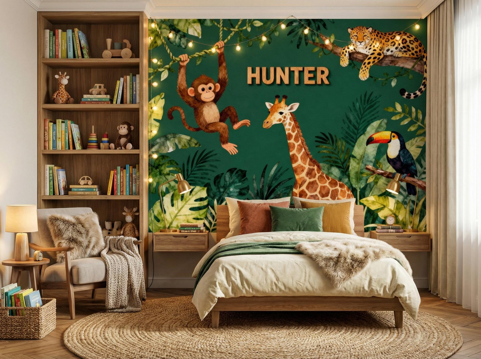 Personalized Safari Green Watercolor Tropical Wallpaper – peel and stick wallpaper mural, Golden Era Walls