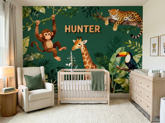 Personalized Safari Green Watercolor Tropical Wallpaper – detail view, Golden Era Walls
