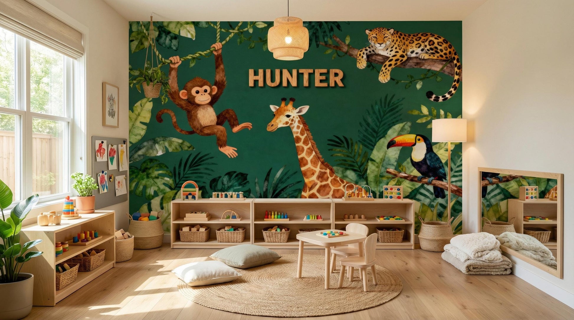 Personalized Safari Green Watercolor Tropical Wallpaper – alternate view, Golden Era Walls
