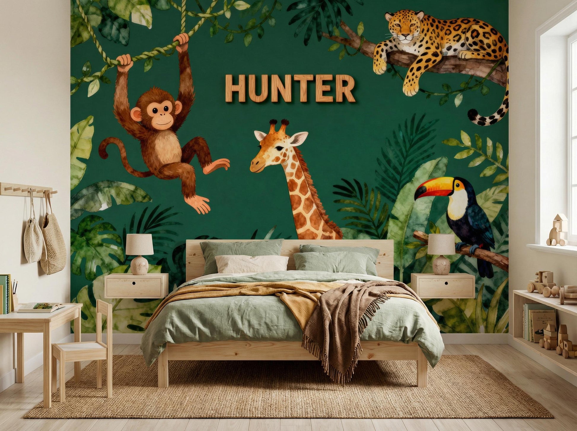 Personalized Safari Green Watercolor Tropical Wallpaper – scale reference, Golden Era Walls