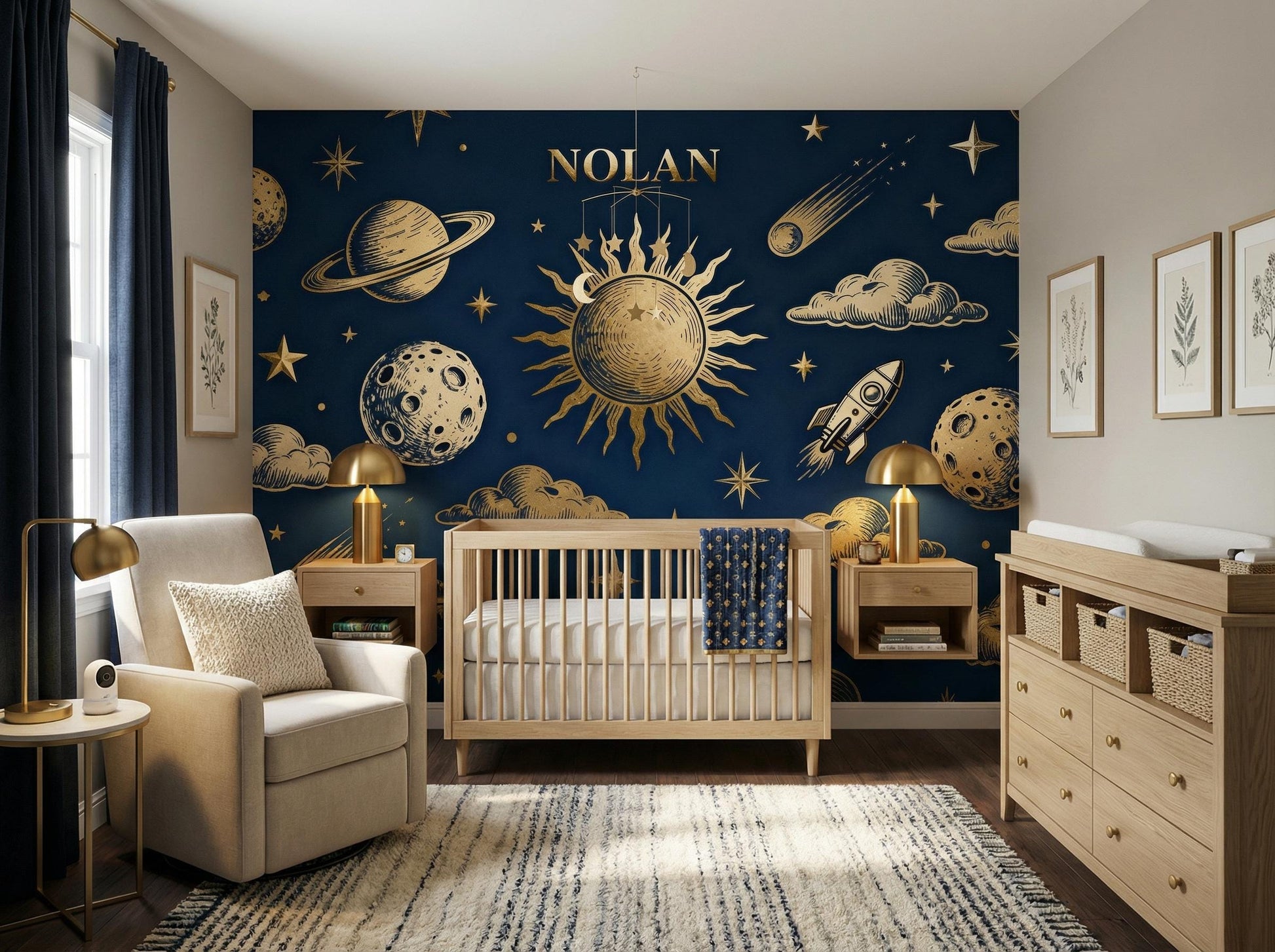 Personalized Celestial Navy Blue Wallpaper – detail view, Golden Era Walls