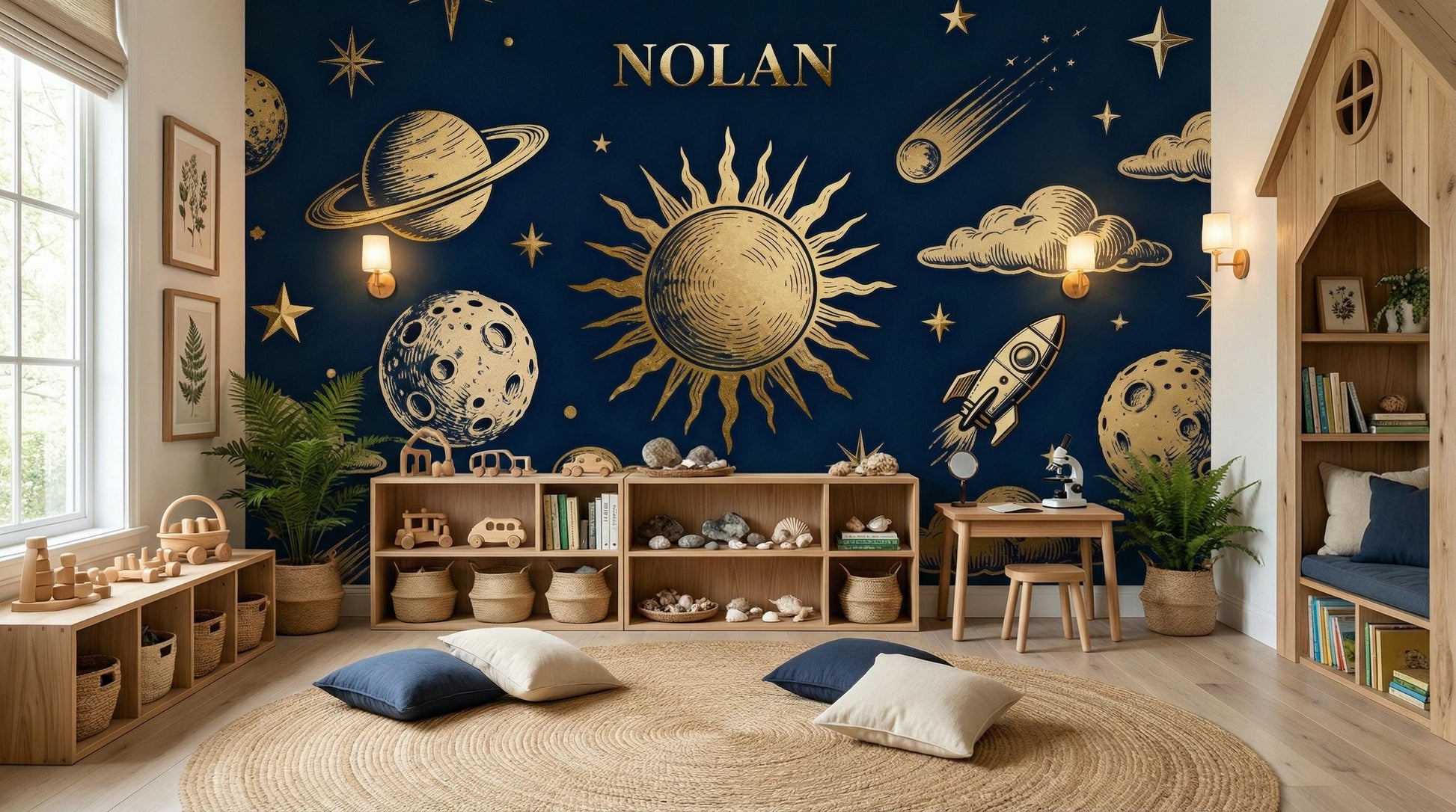 Personalized Celestial Navy Blue Wallpaper – scale reference, Golden Era Walls