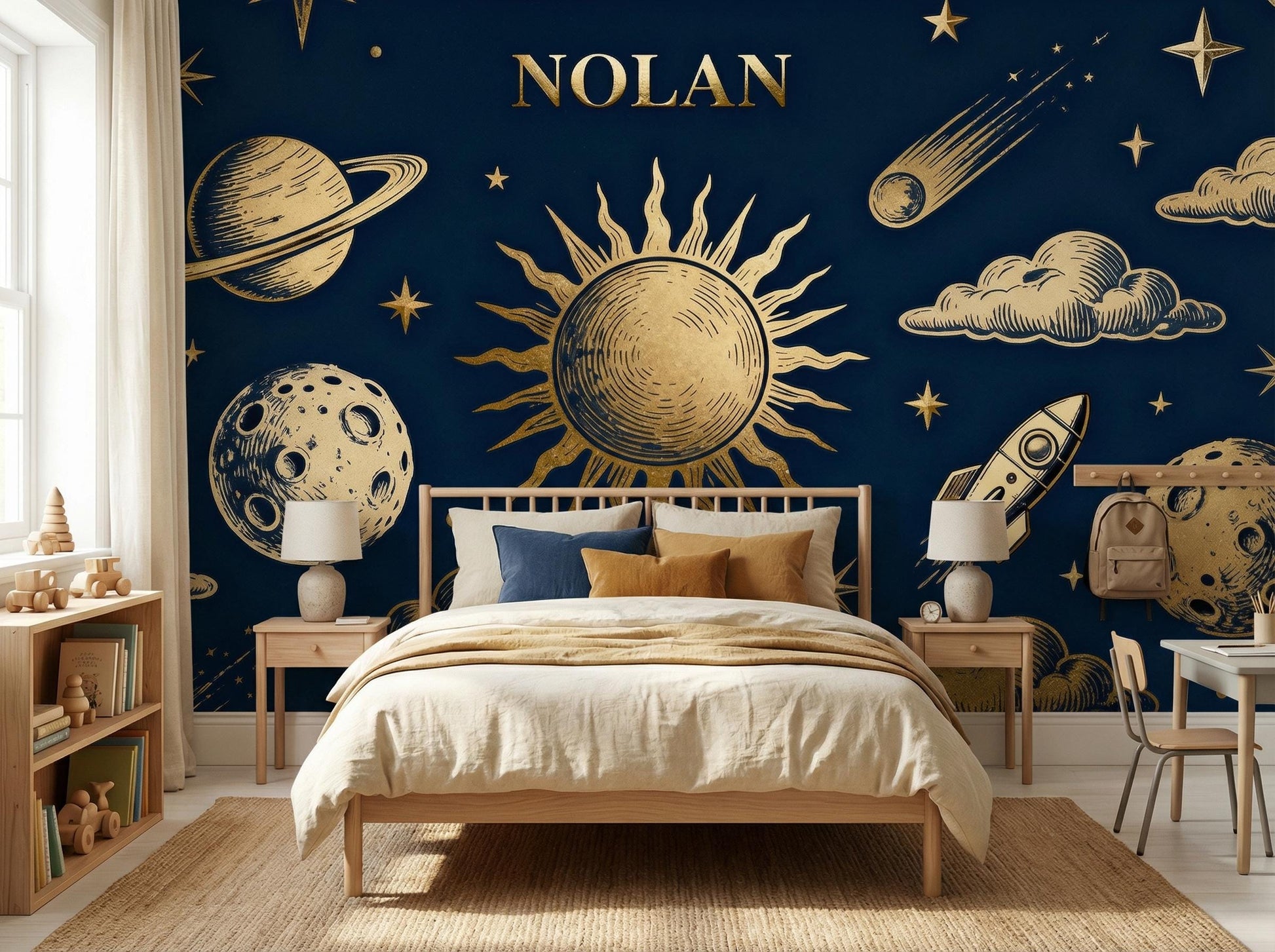 Personalized Celestial Navy Blue Wallpaper – alternate view, Golden Era Walls