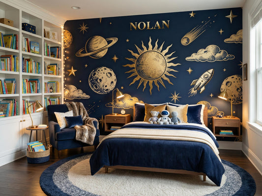 Personalized Celestial Navy Blue Wallpaper – peel and stick wallpaper mural, Golden Era Walls
