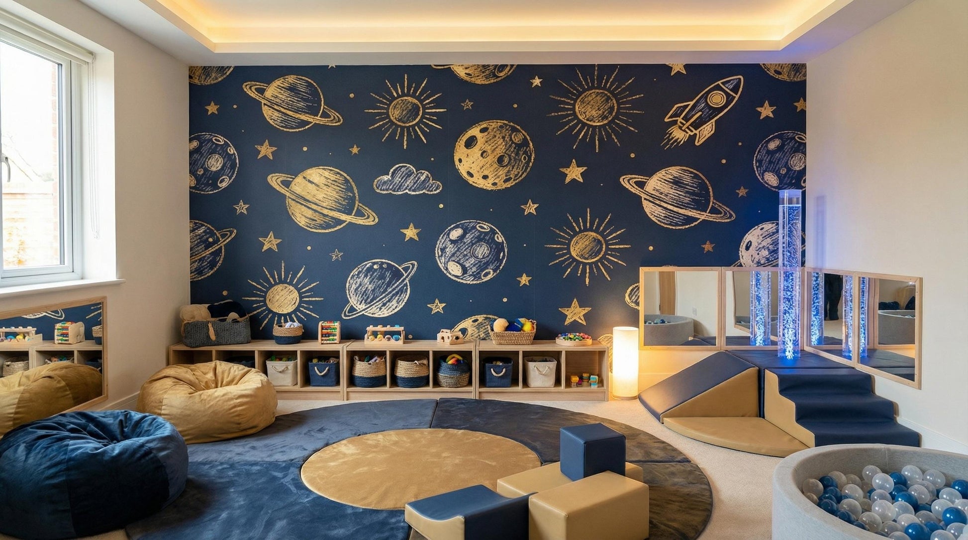 Navy Celestial Gold Space Wallpaper – lifestyle view, Golden Era Walls
