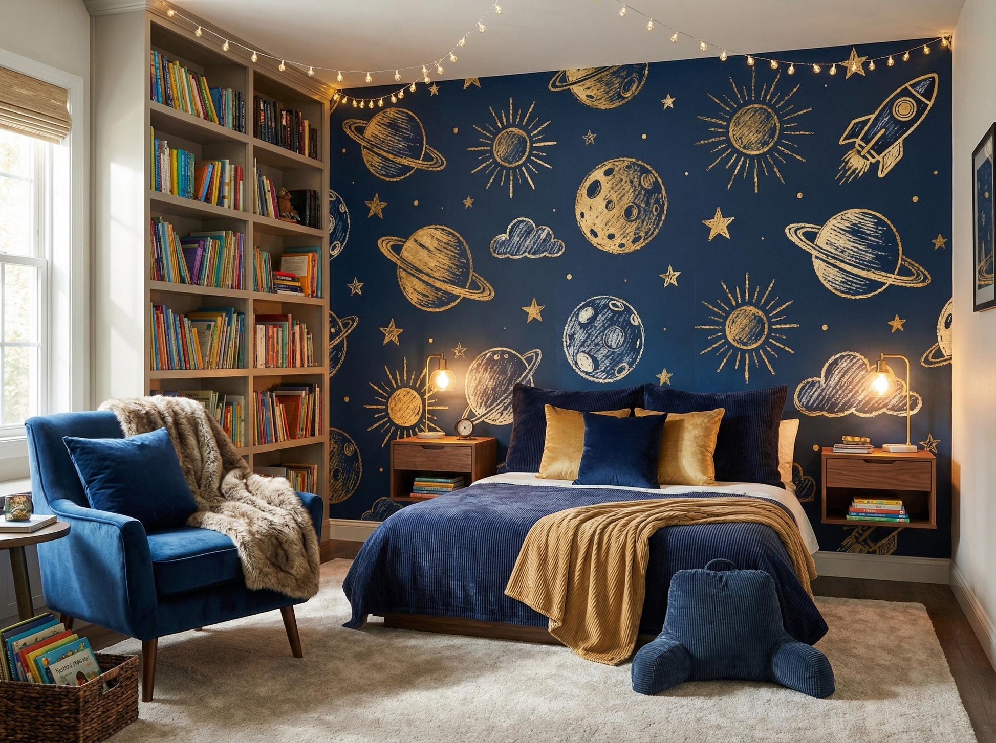 Navy Celestial Gold Space Wallpaper – room setting, Golden Era Walls