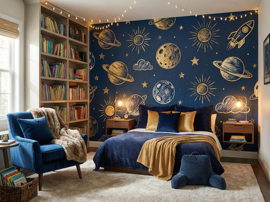 Navy Celestial Gold Space Wallpaper – room setting, Golden Era Walls
