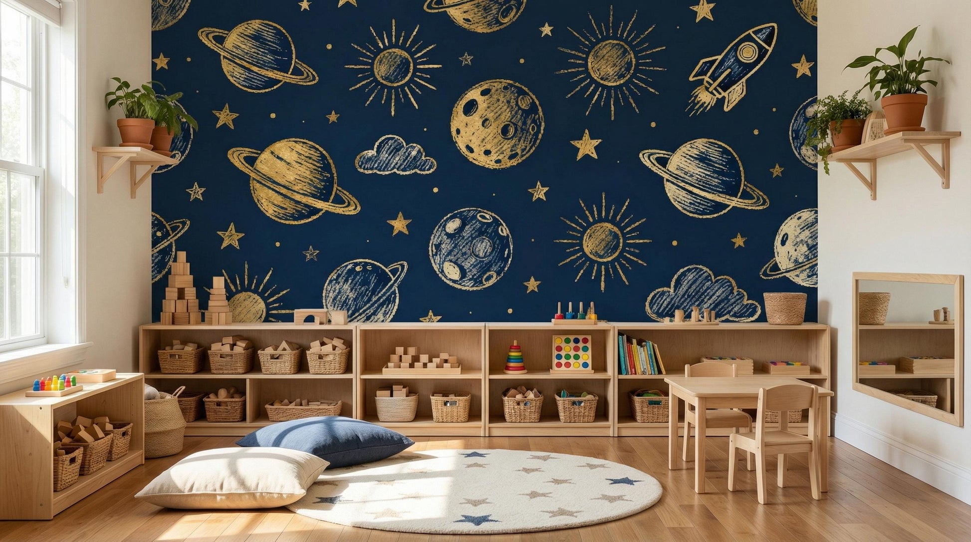 Navy Celestial Gold Space Wallpaper – scale reference, Golden Era Walls