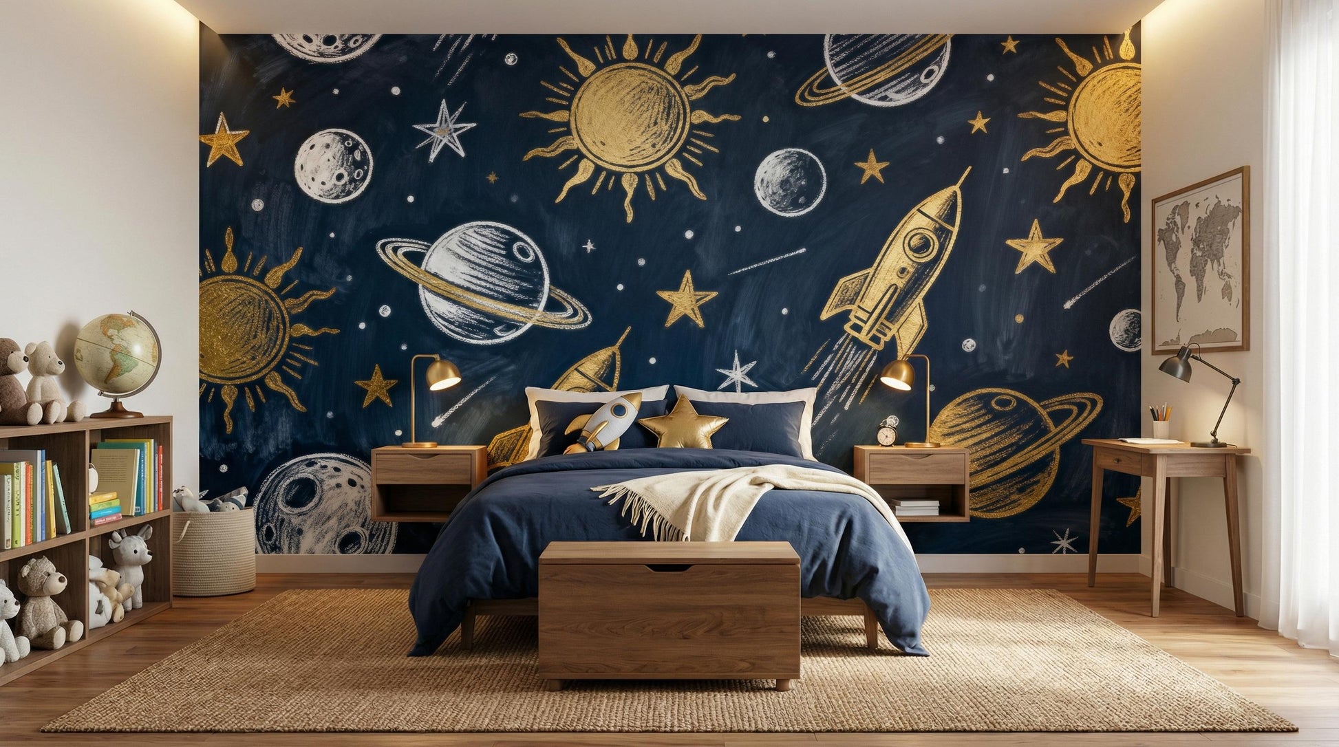 Navy Blue Space Celestial Wallpaper – lifestyle view, Golden Era Walls