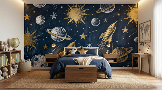 Navy Blue Space Celestial Wallpaper – lifestyle view, Golden Era Walls