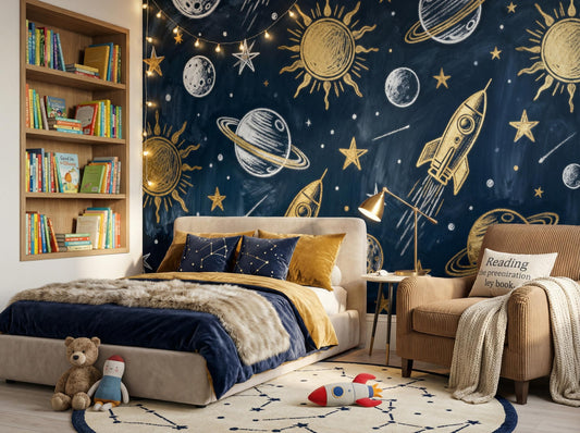 Navy Blue Space Celestial Wallpaper – room setting, Golden Era Walls