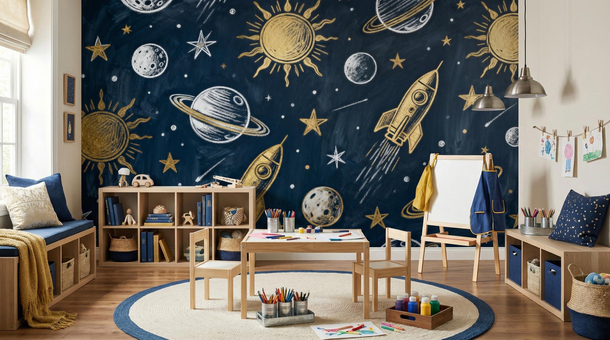 Navy Blue Space Celestial Wallpaper – peel and stick wallpaper mural, Golden Era Walls
