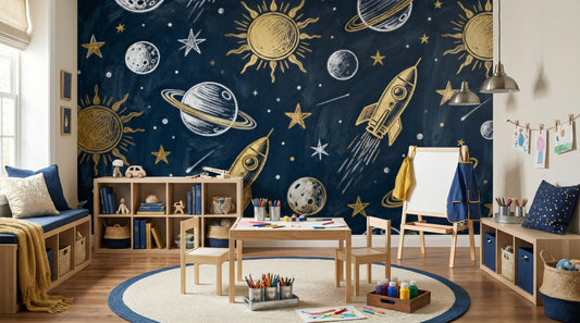 Navy Blue Space Celestial Wallpaper – peel and stick wallpaper mural, Golden Era Walls