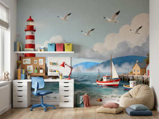 Ocean Whimsical Lighthouse Print Coastal Wallpaper – detail view, Golden Era Walls