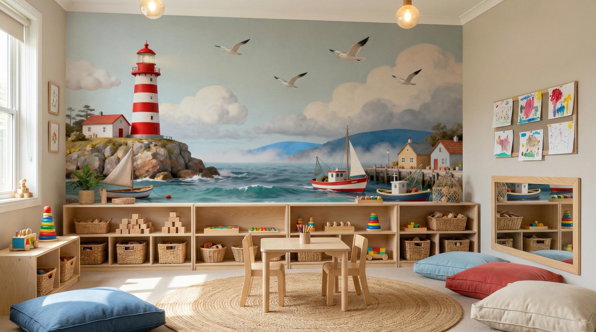 Ocean Whimsical Lighthouse Print Coastal Wallpaper – alternate view, Golden Era Walls