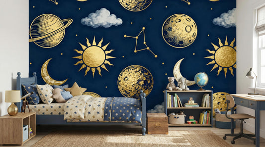 Celestial Space Navy Gold Wallpaper – peel and stick wallpaper mural, Golden Era Walls