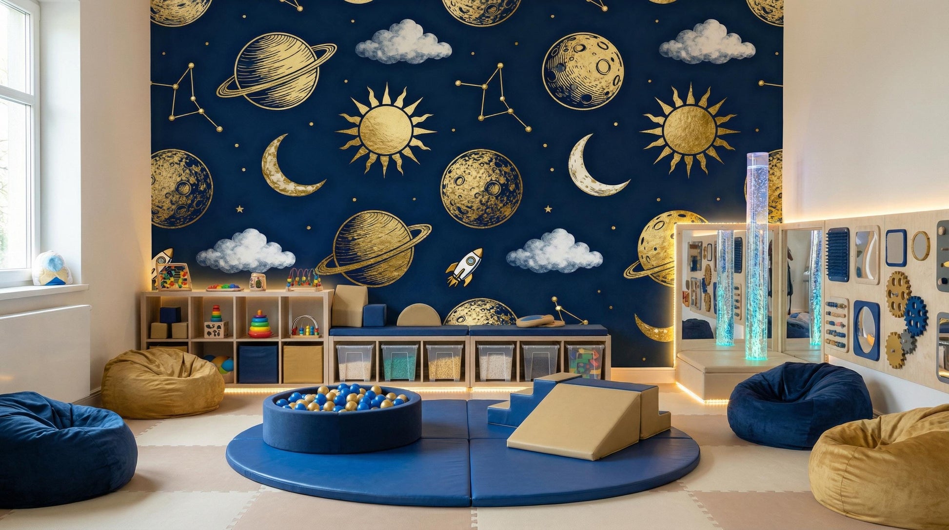 Celestial Space Navy Gold Wallpaper – scale reference, Golden Era Walls
