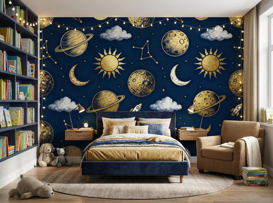 Celestial Space Navy Gold Wallpaper – lifestyle view, Golden Era Walls