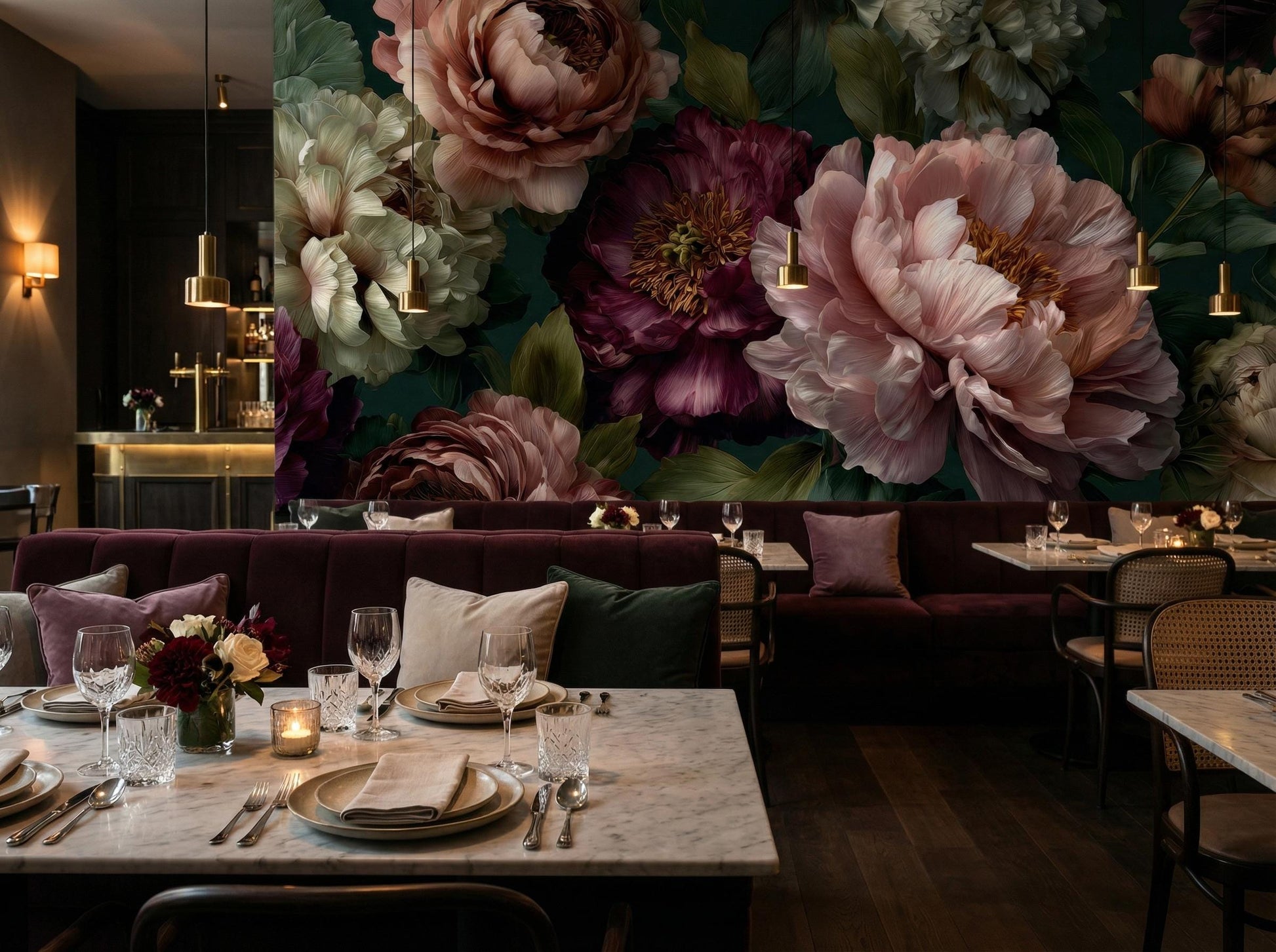 Dark Floral Moody Green Floral Wallpaper – lifestyle view, Golden Era Walls