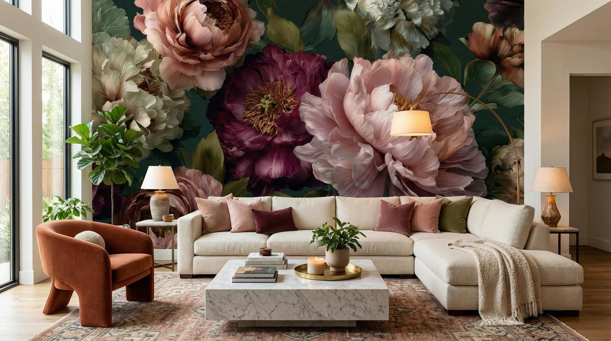 Dark Floral Moody Green Floral Wallpaper – scale reference, Golden Era Walls