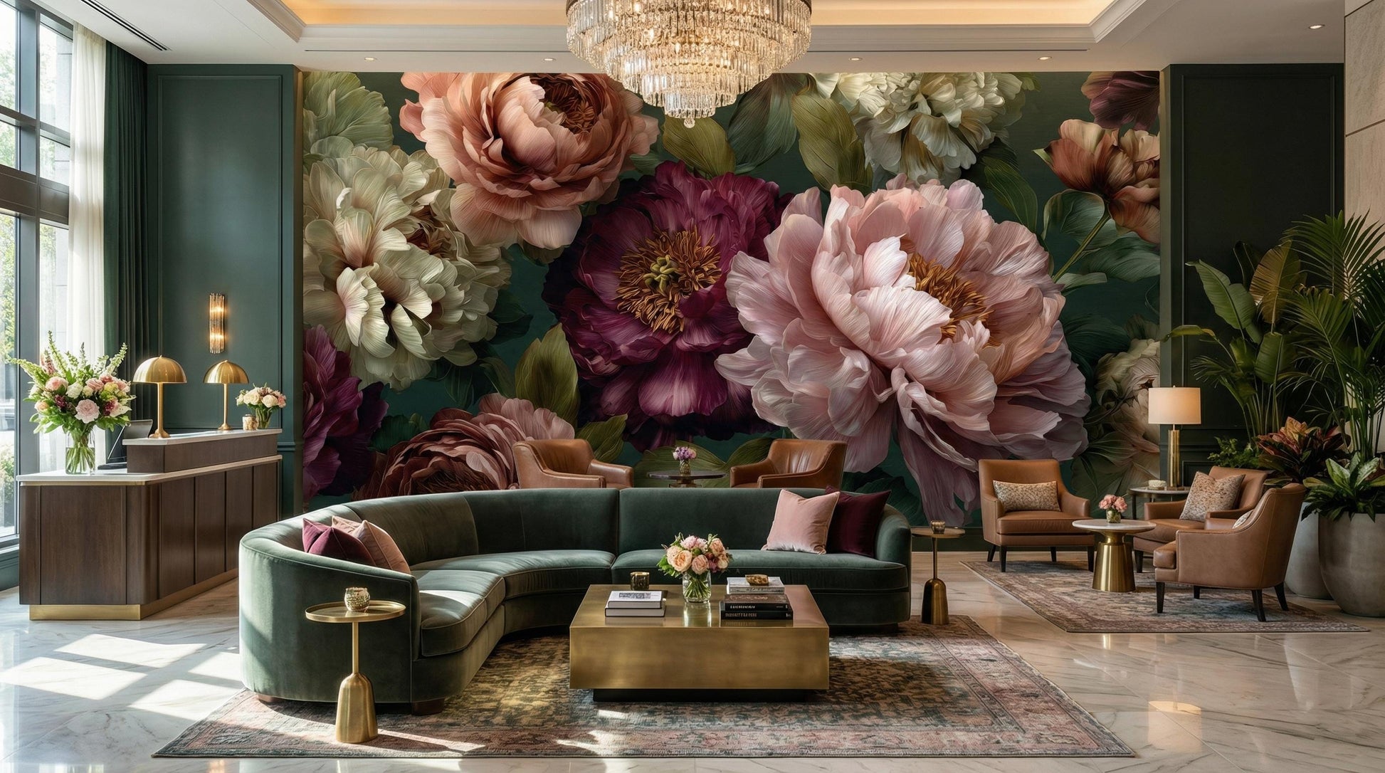 Dark Floral Moody Green Floral Wallpaper – peel and stick wallpaper mural, Golden Era Walls