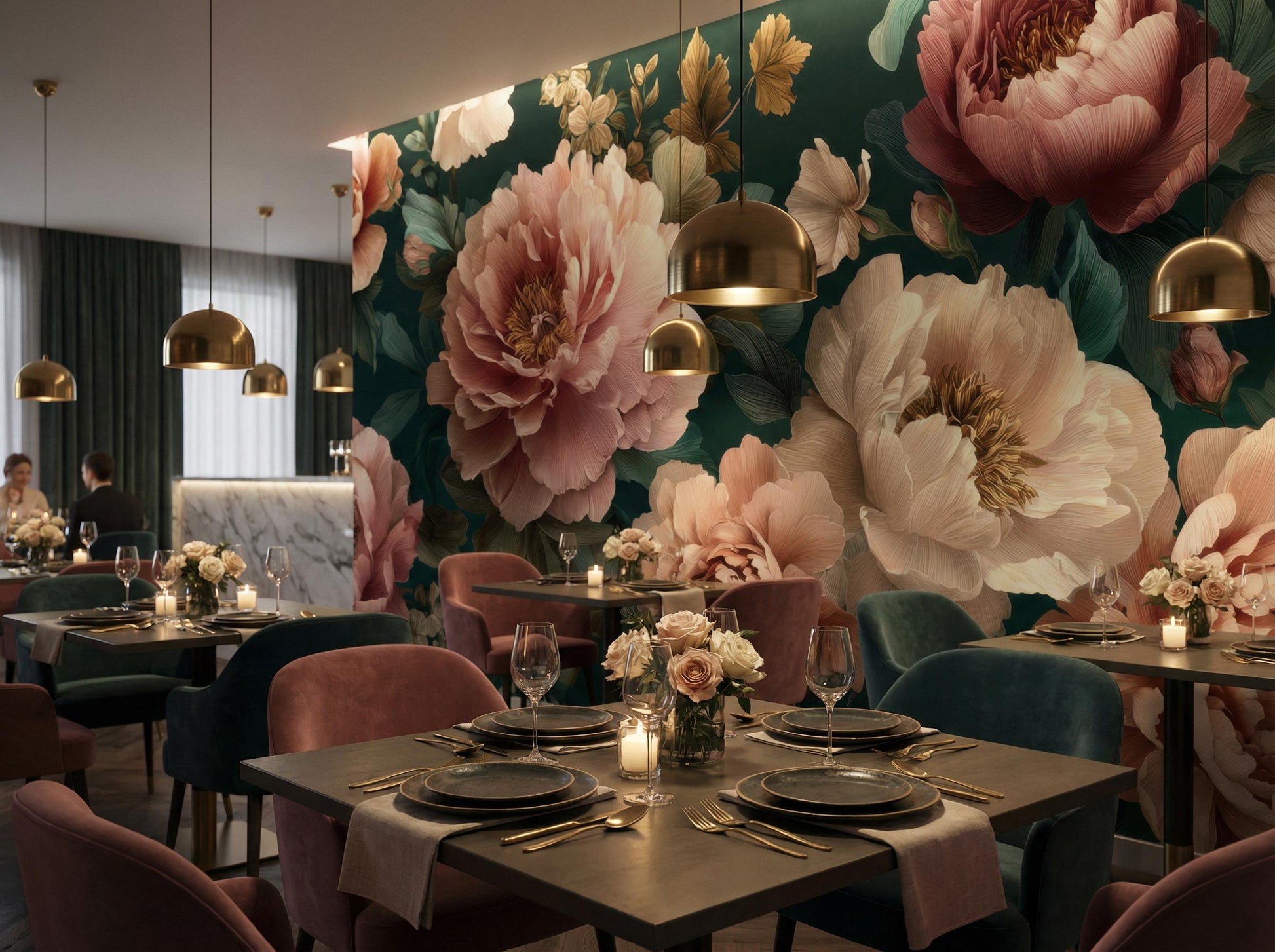 Dark Floral Moody Vintage Floral Wallpaper – room setting, Golden Era Walls