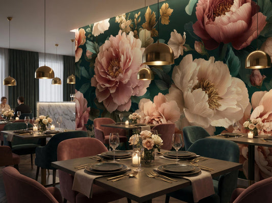 Dark Floral Moody Vintage Floral Wallpaper – room setting, Golden Era Walls