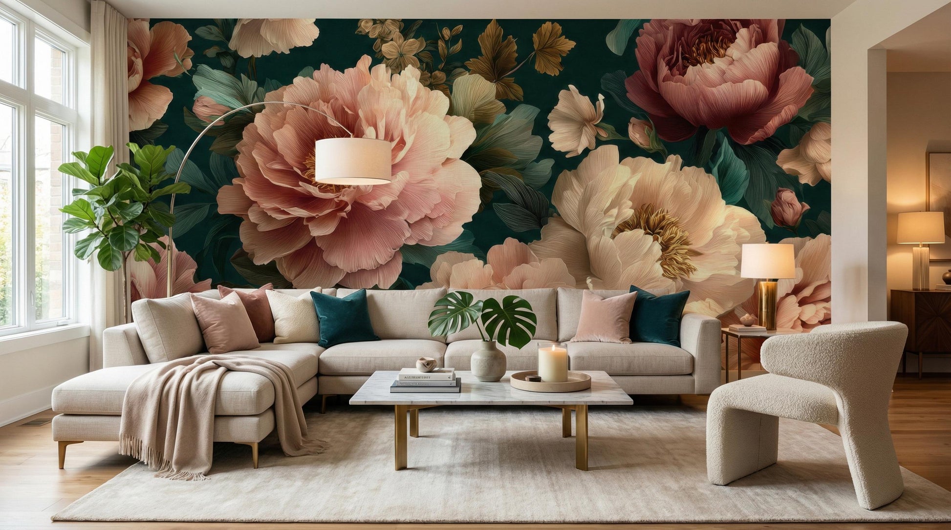 Dark Floral Moody Vintage Floral Wallpaper – scale reference, Golden Era Walls