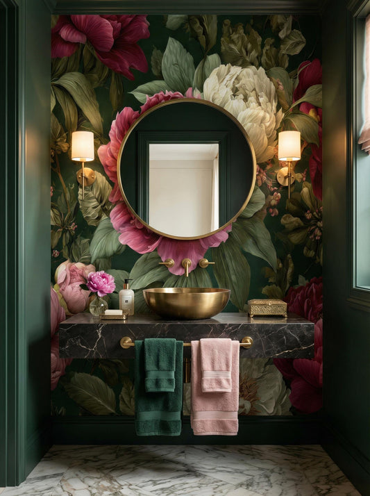 Green Pink Floral Oversized Floral Wallpaper – lifestyle view, Golden Era Walls