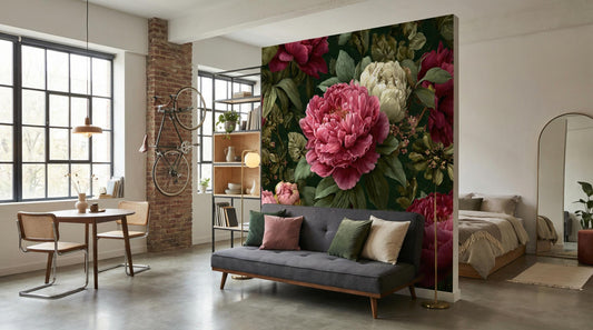 Green Pink Floral Oversized Floral Wallpaper – room setting, Golden Era Walls