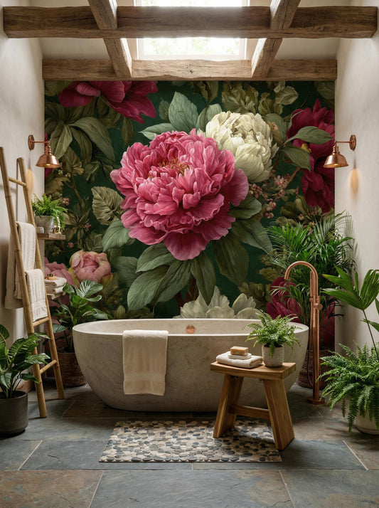 Green Pink Floral Oversized Floral Wallpaper – peel and stick wallpaper mural, Golden Era Walls