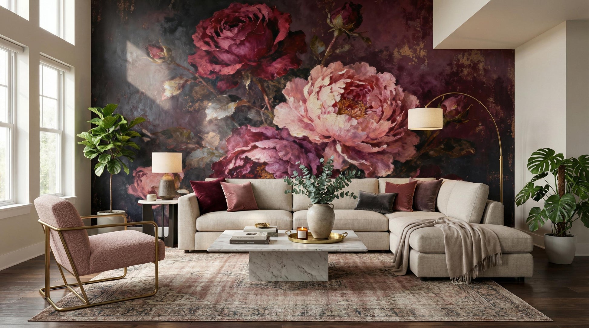 Dark Floral Moody Vintage Floral Wallpaper – scale reference, Golden Era Walls