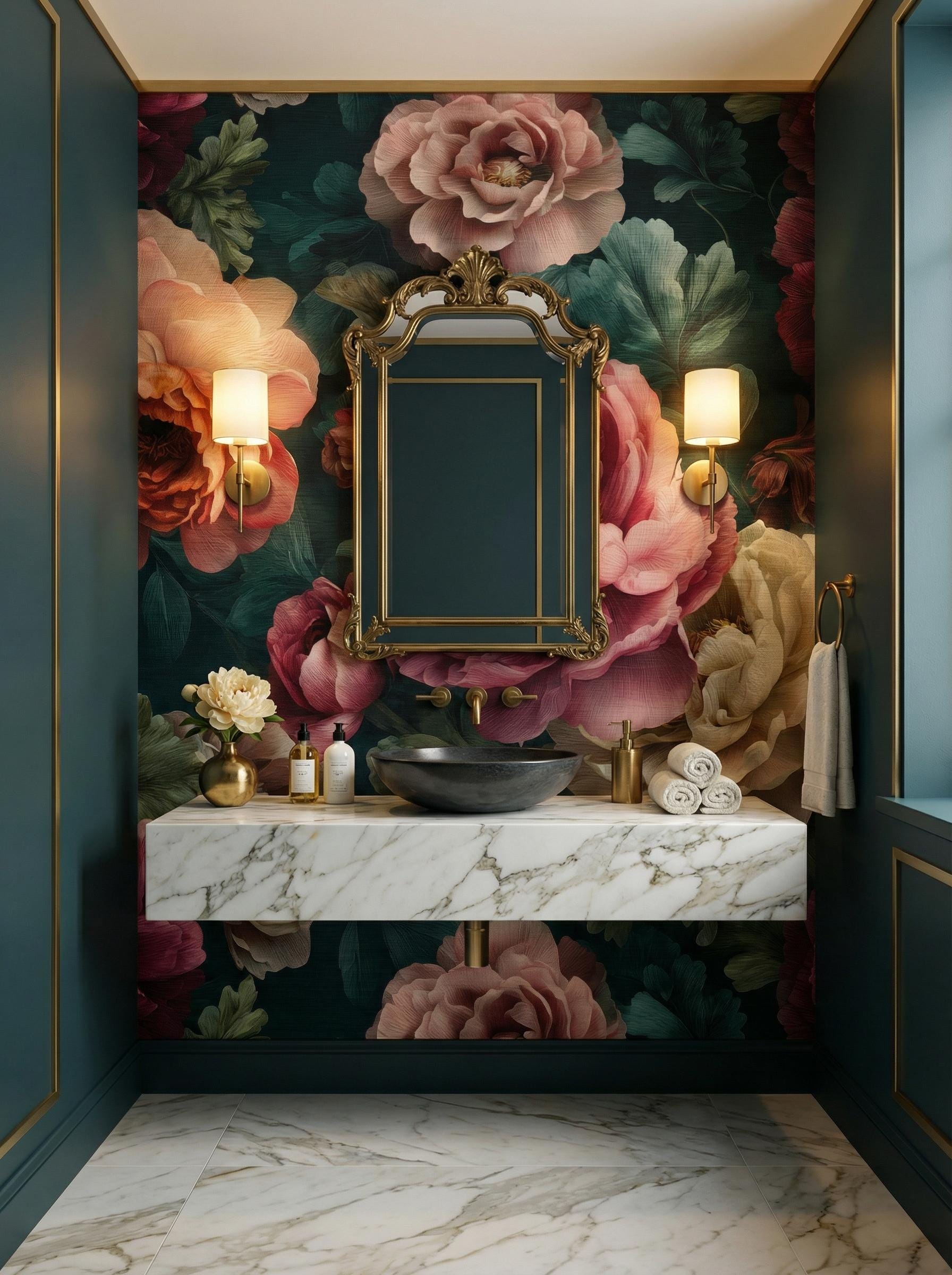 Dark Green Floral Moody Floral Wallpaper – lifestyle view, Golden Era Walls