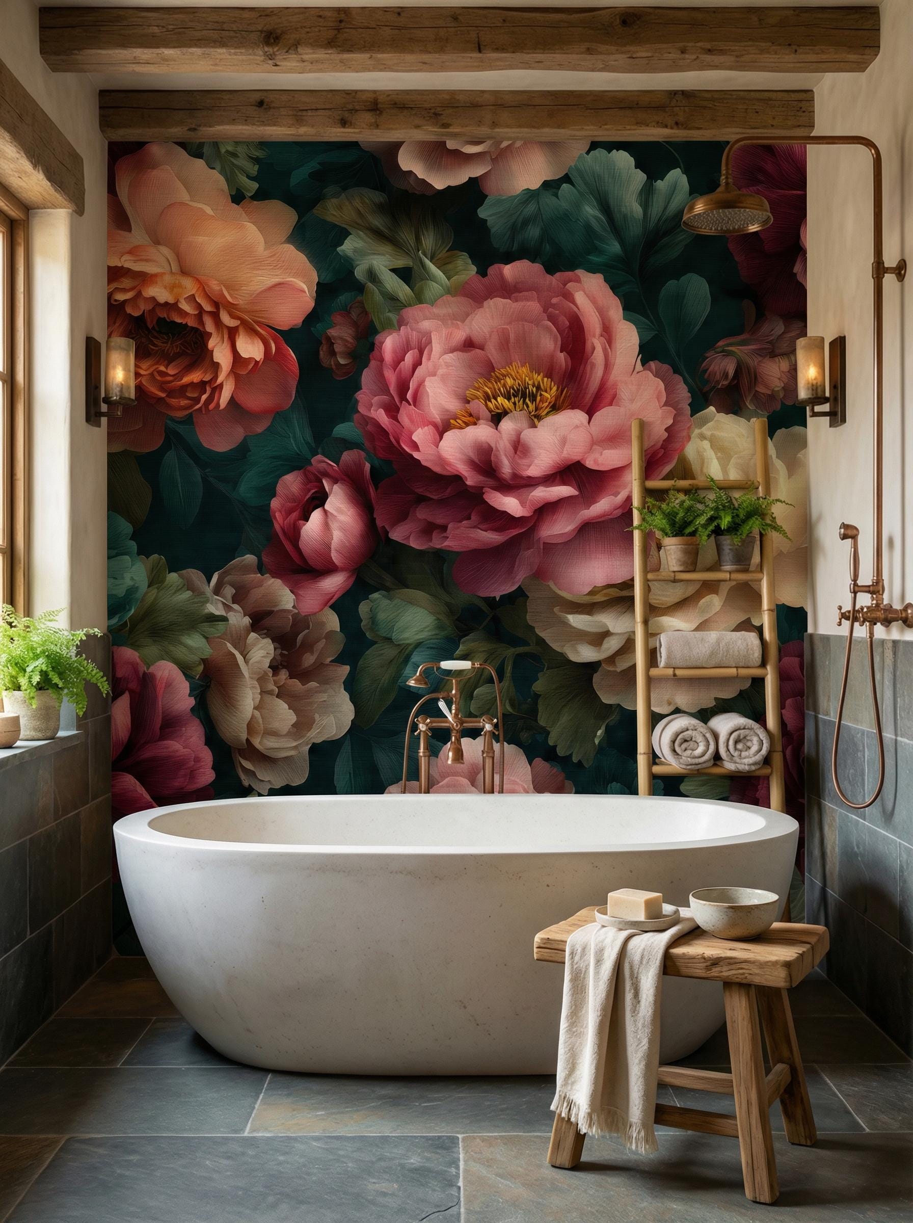 Dark Green Floral Moody Floral Wallpaper – peel and stick wallpaper mural, Golden Era Walls