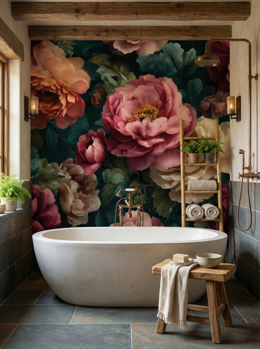 Dark Green Floral Moody Floral Wallpaper – peel and stick wallpaper mural, Golden Era Walls