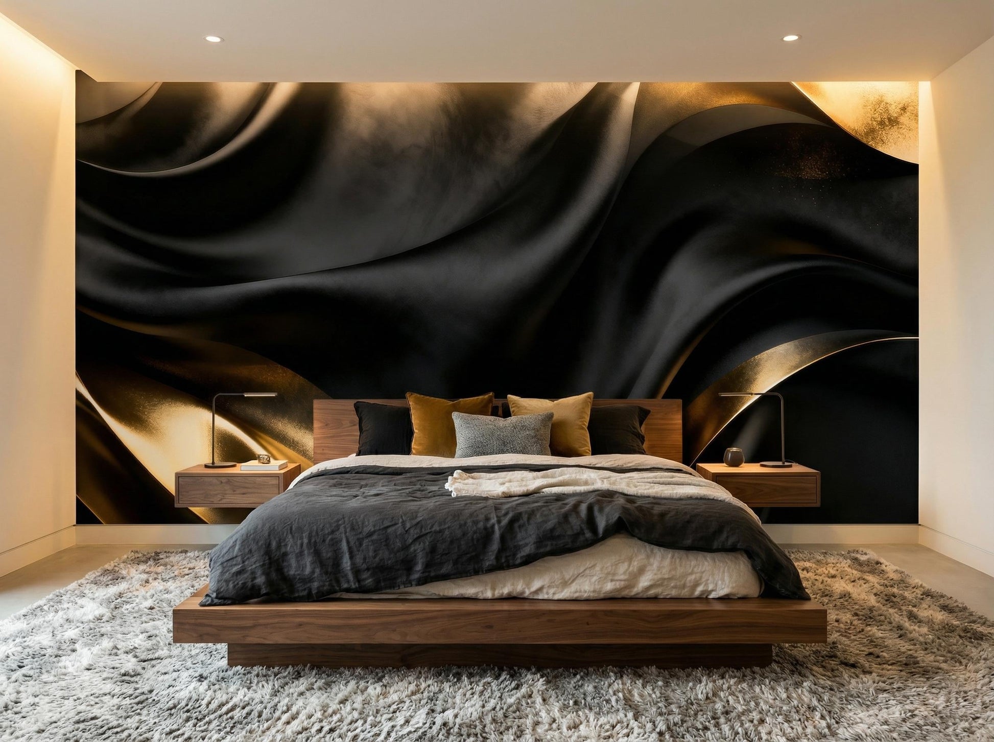Moody Luxury Decor Liquid Geometric Wallpaper – room setting, Golden Era Walls