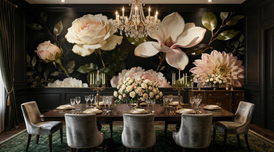 Dark Floral Moody Vintage Floral Wallpaper – lifestyle view, Golden Era Walls